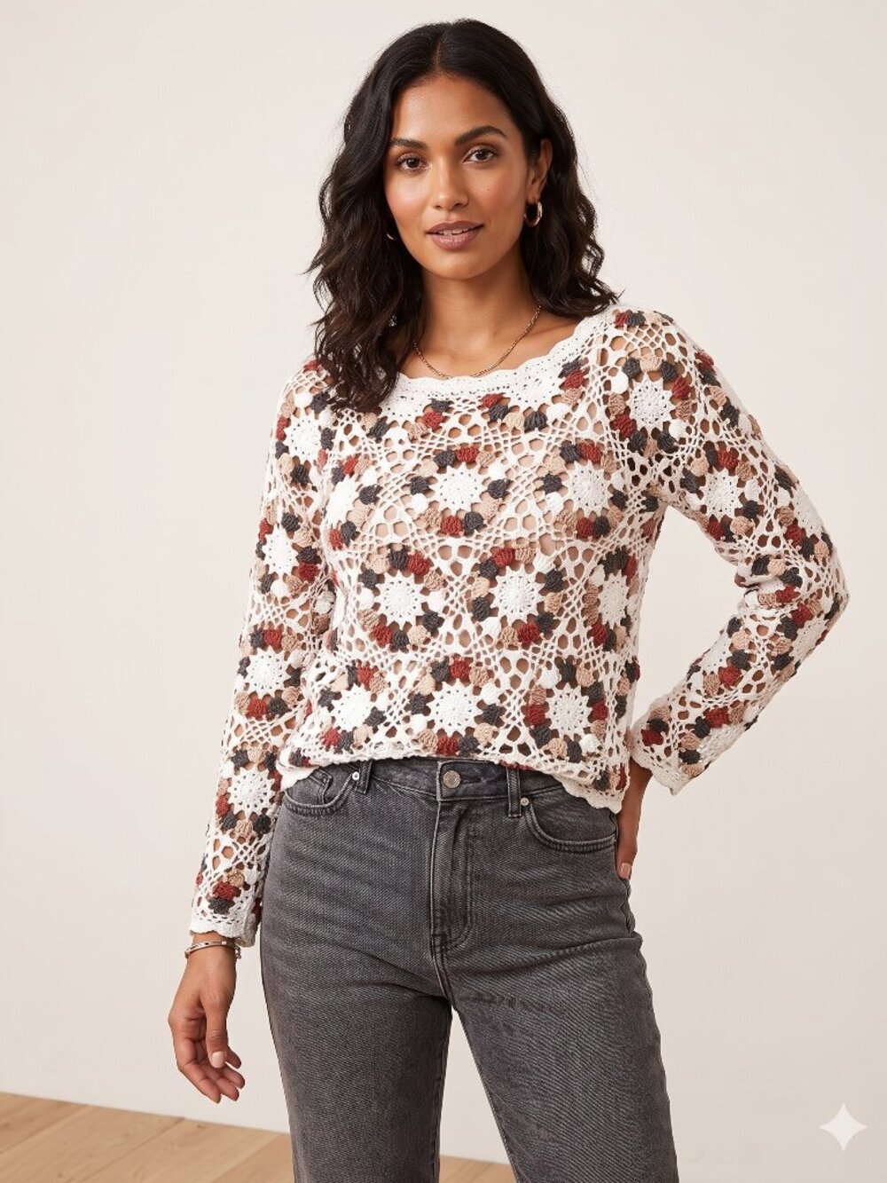 Vintage 70s Crochet Bohemian Chic Creamy Floral Sweater Slim Fit Long Sleeve S/M